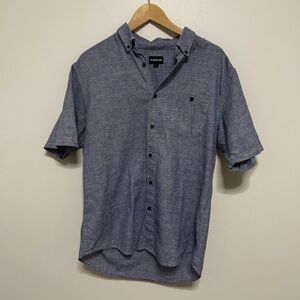 Haggar Mens Large Linen Blend Short Sleeve Button Up Shirt Blue & White Casual